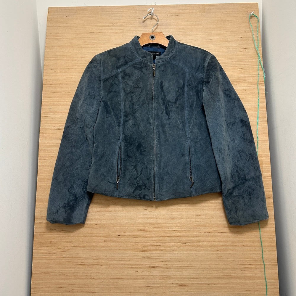 Valerie Stevens Blue Suede Leather Moto Jacket Mock Neck Full Zip Size M